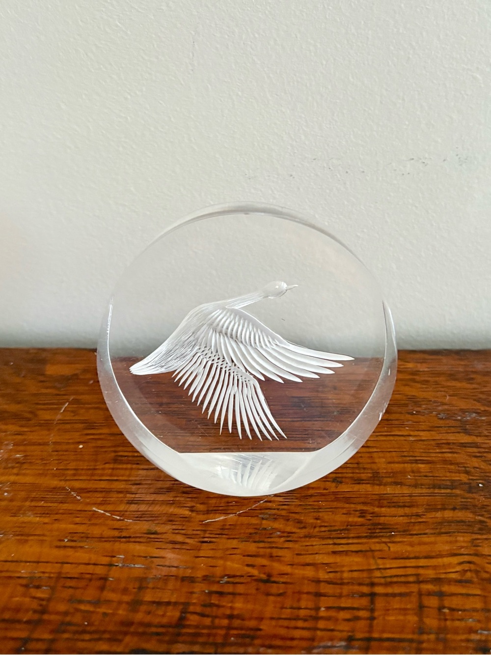 Resin Bird Art Paperweight – Clear White Etched Heron